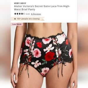 Victoria's secret luxe silk satin lace trim high waist brief panty ROSES